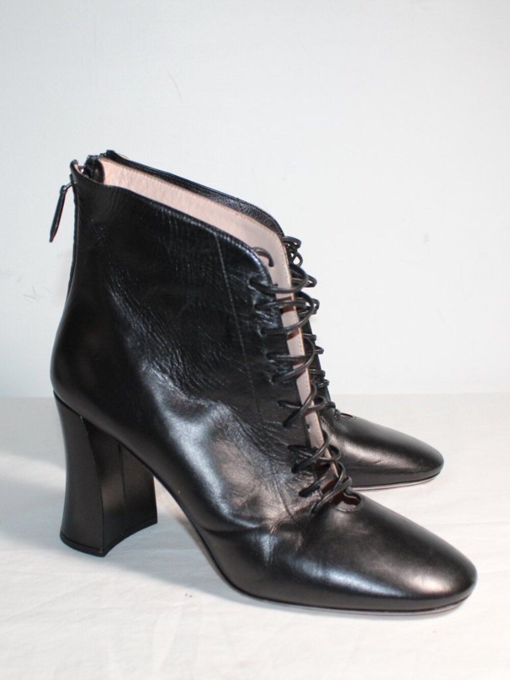 Miu Miu Black Leather Cutout Accent Booties Boots Chunk Heel 38.5